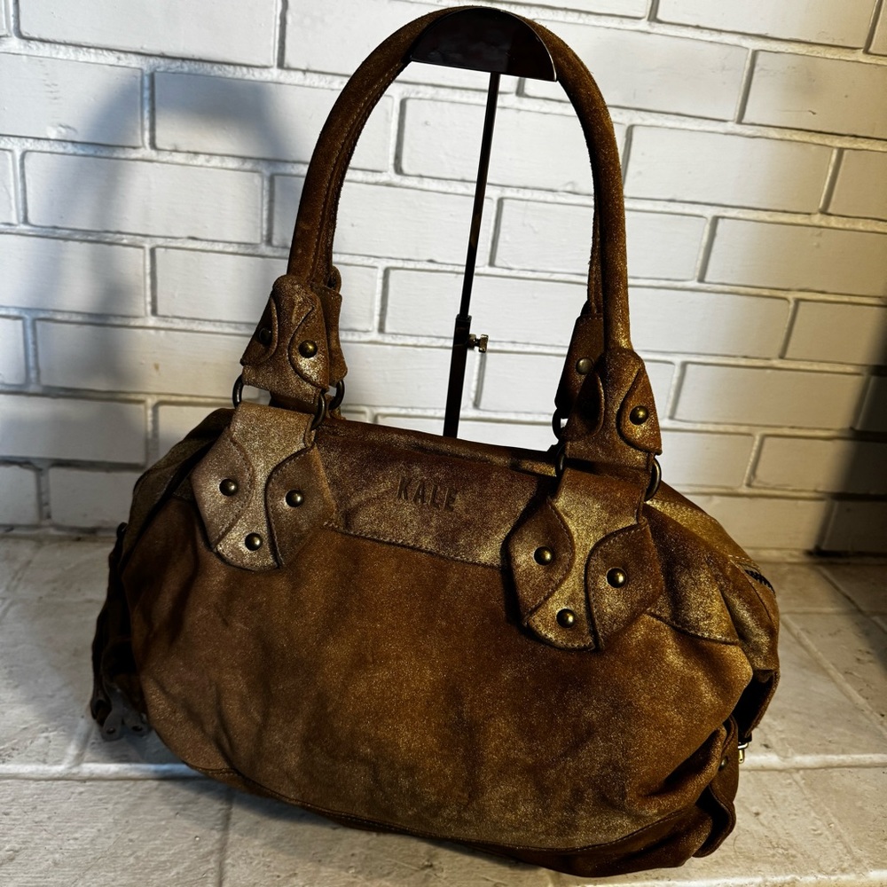 Kale Brown / Gold Metallic Suede Satchel Bag with Pink Suede Interior - Picture 11 of 15